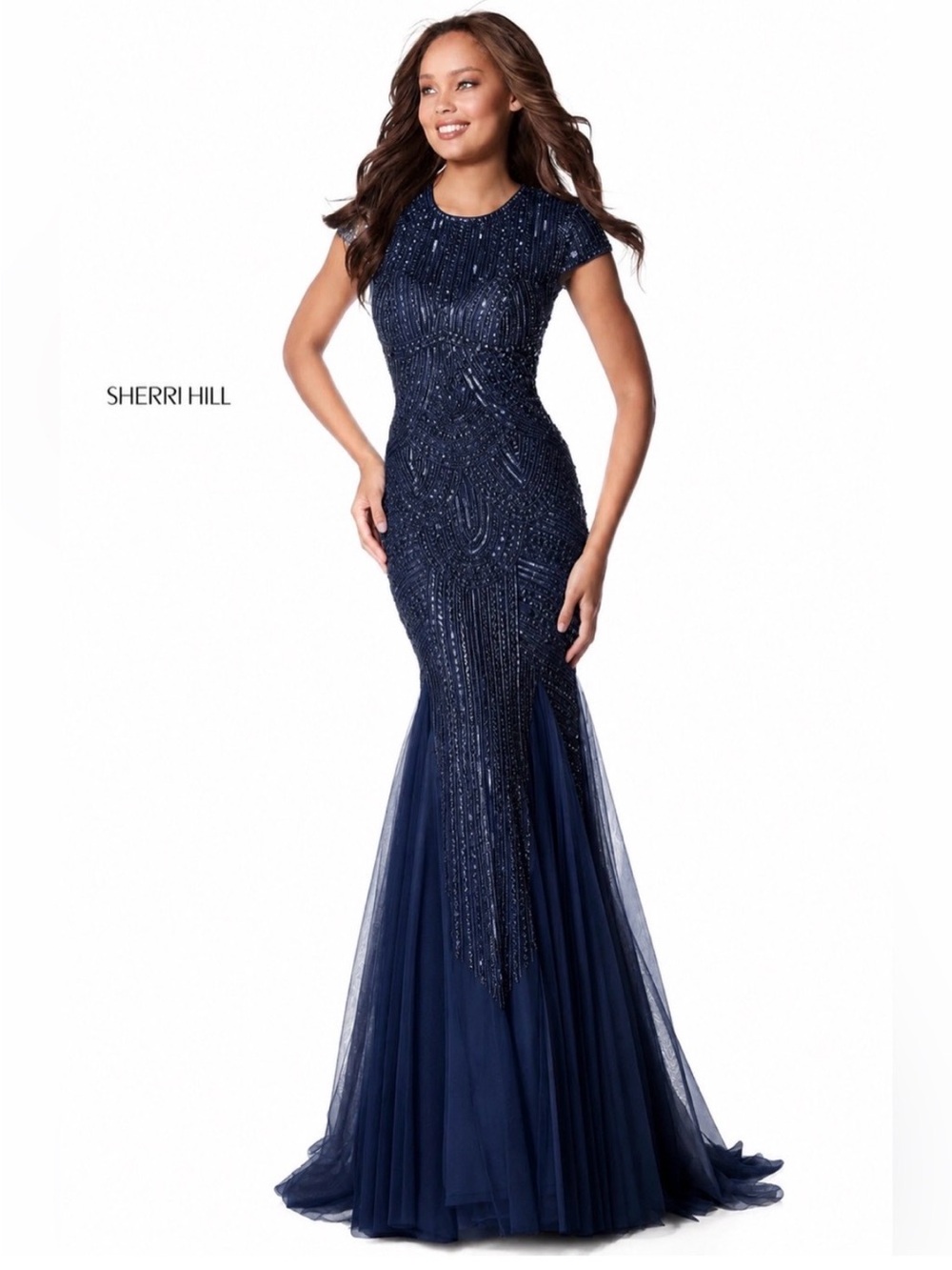 Sherri Hill Navy Beaded Cap-Sleeve Mermaid Gown